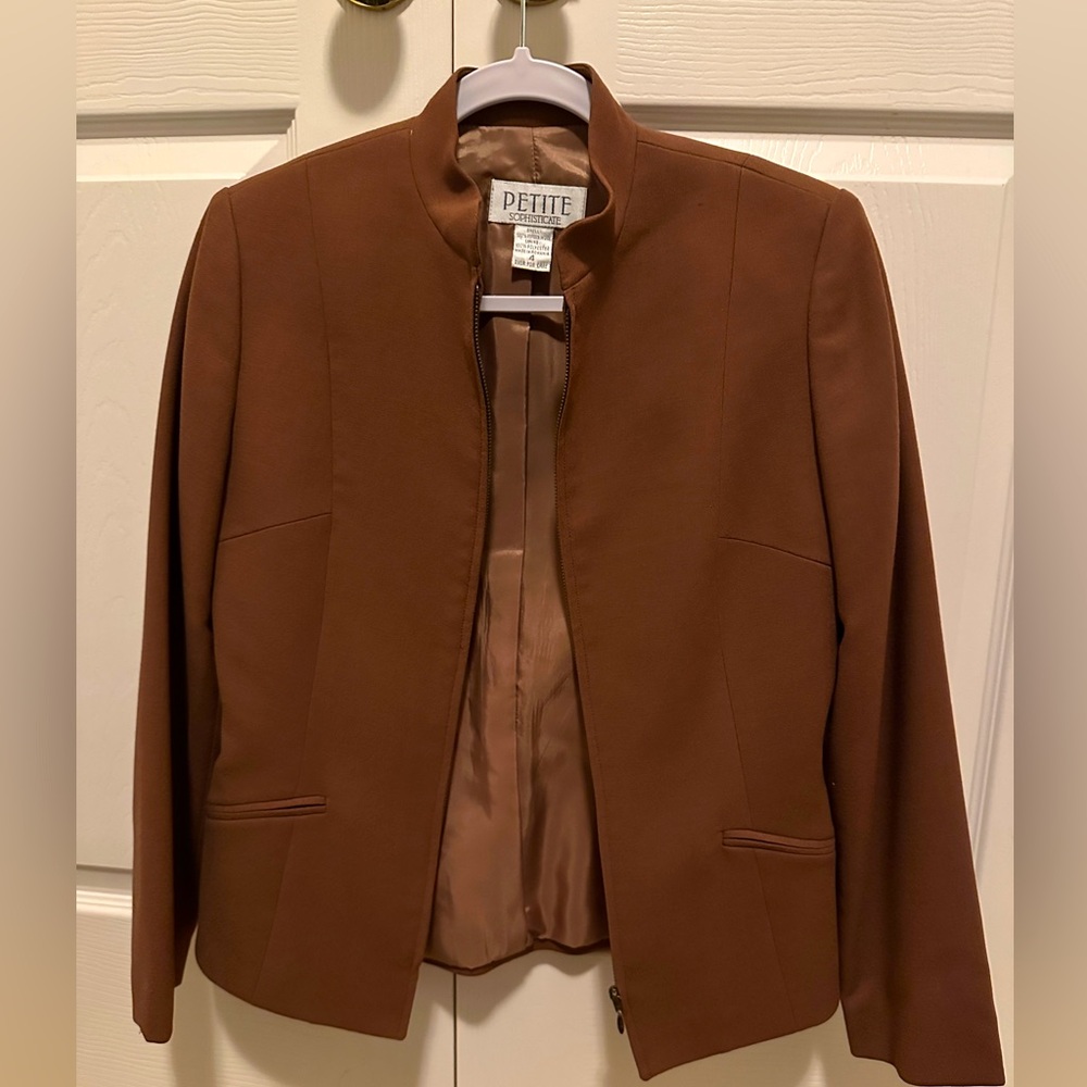 Petite Sophisticate Women’s Zip Up Blazer with high collar (Color: Brown)